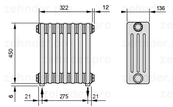 Схема (чертеж) Радиатор Zehnder Charleston 4045/7 №5310 Белый глянцевый RAL 9016